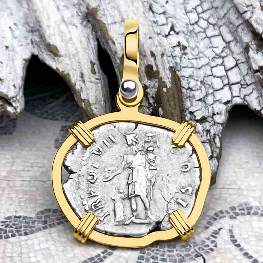 Roman Empire Silver Denarius Coin of Marcus Aurelius, the Philosopher Warrior 152 AD 14K Gold Pendant
