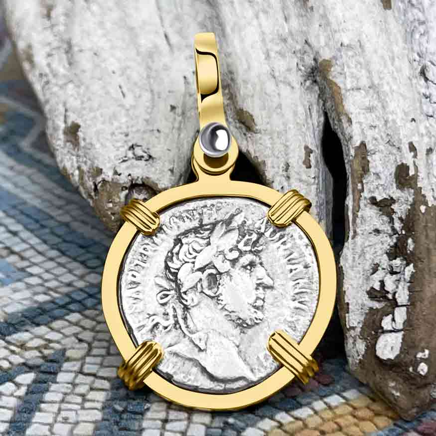 Roman Empire Silver Denarius Coin of Hadrian, the Builder 121 AD 14K Gold Pendant