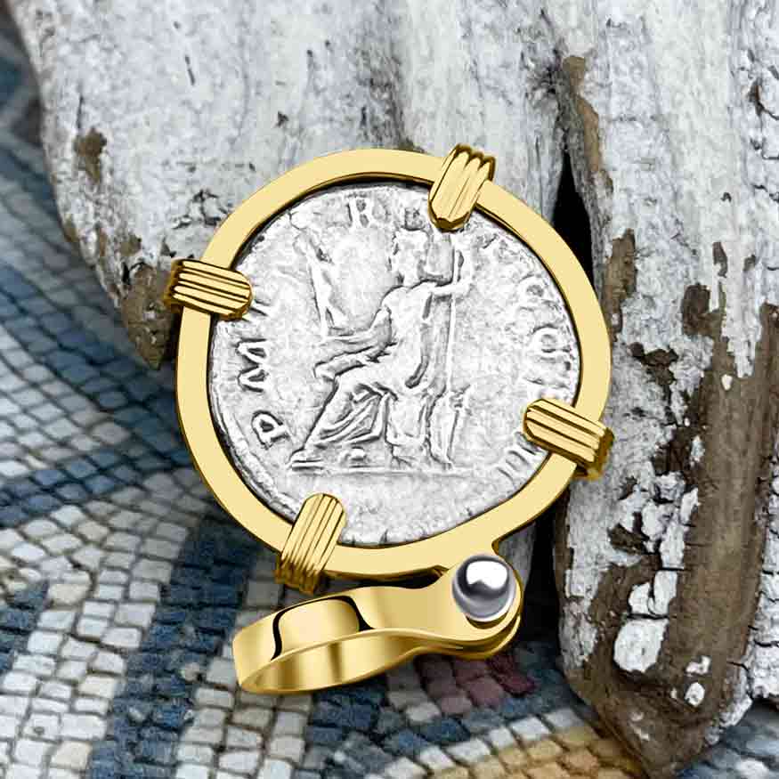 Roman Empire Silver Denarius Coin of Hadrian, the Builder 121 AD 14K Gold Pendant