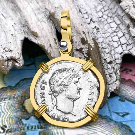 Roman Empire Silver Denarius Coin of Hadrian, the Builder 125 AD 14K Gold PendantRoman Empire Silver Denarius Coin of Hadrian, the Builder 132 AD 14K Gold Pendant
