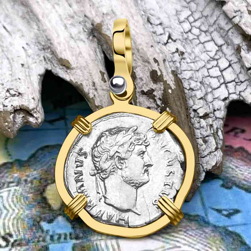 Roman Empire Silver Denarius Coin of Hadrian, the Builder 125 AD 14K Gold PendantRoman Empire Silver Denarius Coin of Hadrian, the Builder 132 AD 14K Gold Pendant