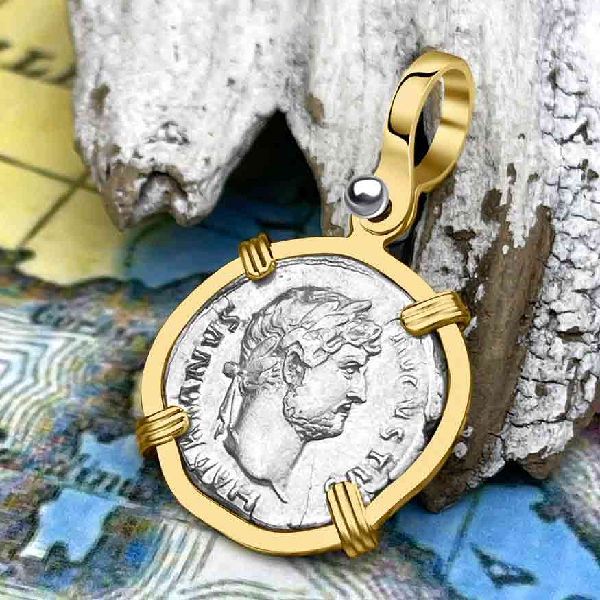 Roman Empire Silver Denarius Coin of Hadrian, the Builder 125 AD 14K Gold Pendant