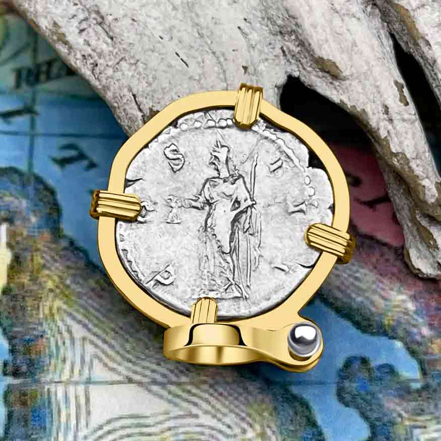 Roman Empire Silver Denarius Coin of Hadrian, the Builder 125 AD 14K Gold Pendant