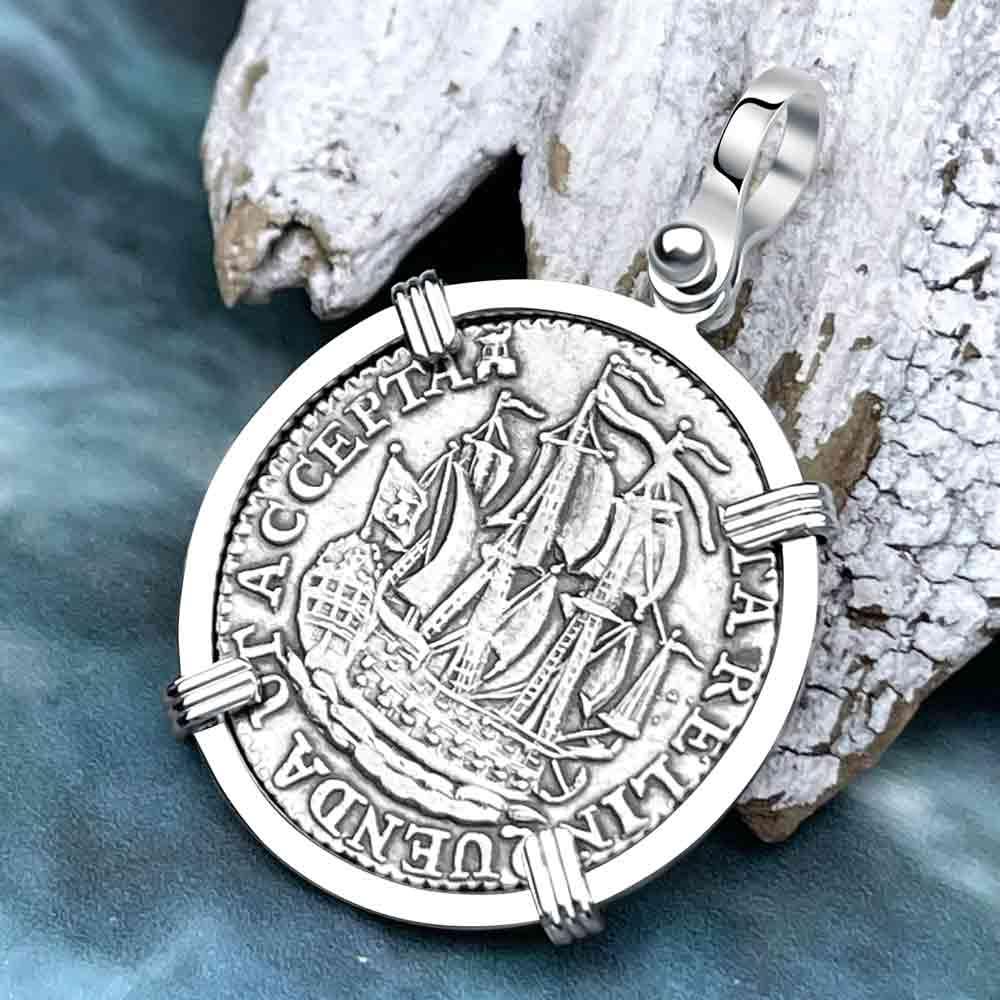 Dutch East India Company 1790 Silver 6 Stuiver Ship Shilling "I Struggle and Survive" 14K White Gold Pendant