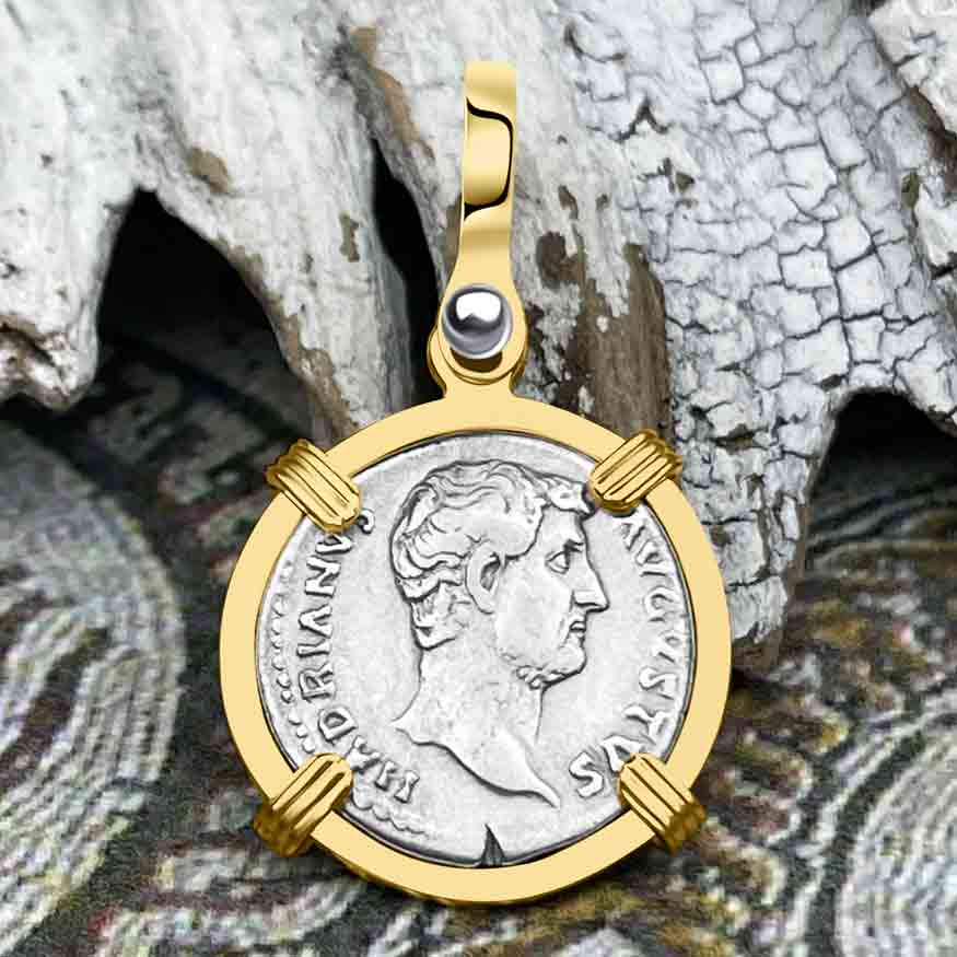 Roman Empire Silver Denarius Coin of Hadrian, the Builder 132 AD 14K Gold Pendant