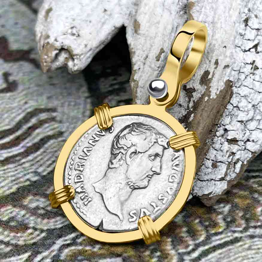 Roman Empire Silver Denarius Coin of Hadrian, the Builder 132 AD 14K Gold Pendant