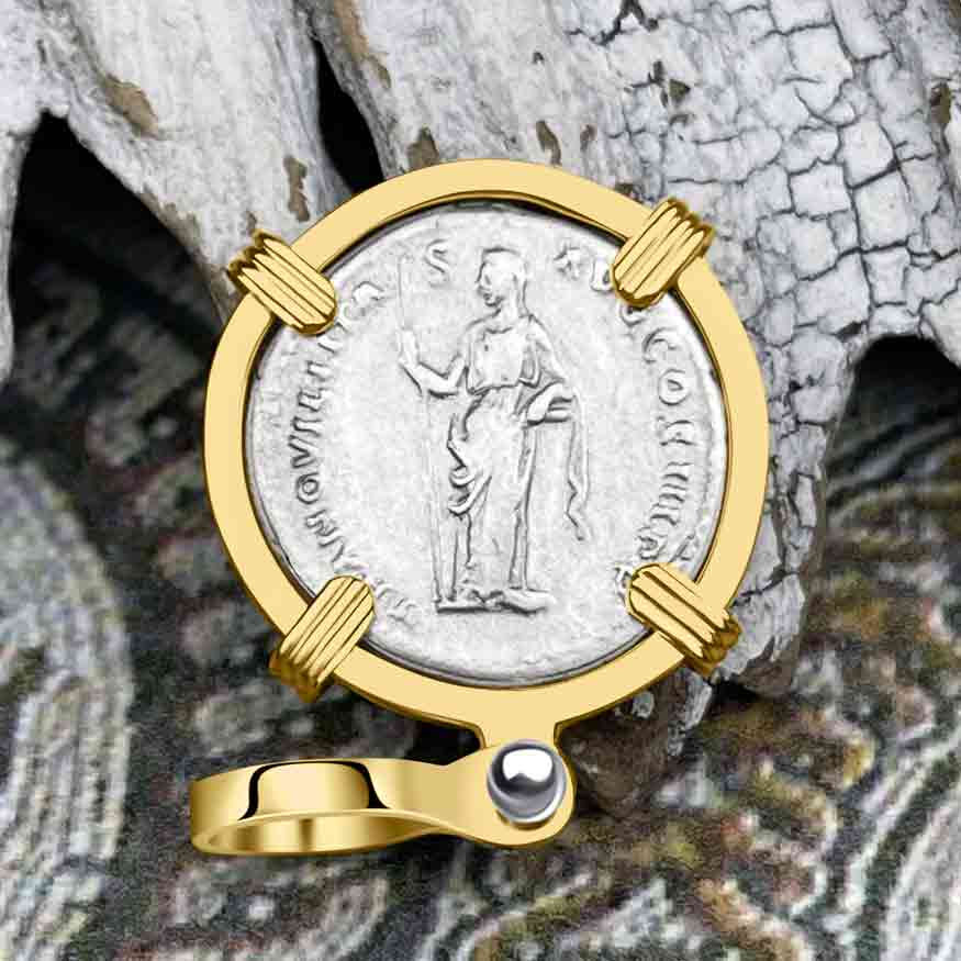 Roman Empire Silver Denarius Coin of Hadrian, the Builder 132 AD 14K Gold Pendant