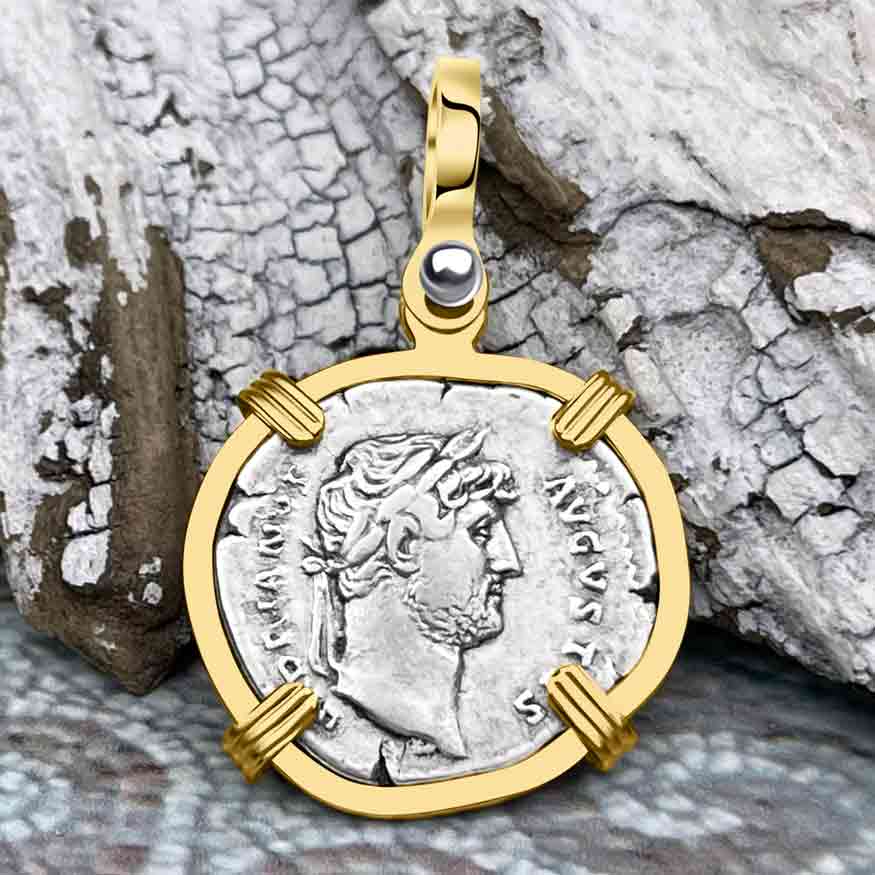 Roman Empire Silver Denarius Coin of Hadrian, the Builder 124 AD 14K Gold Pendant | Artifact #8487