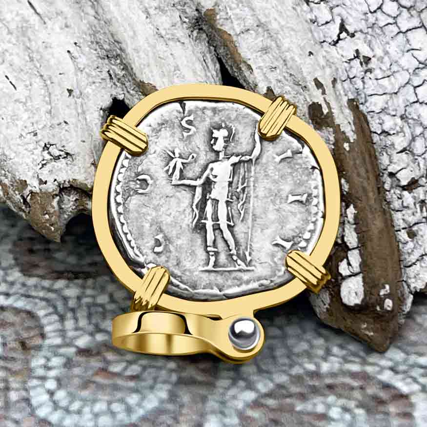 Roman Empire Silver Denarius Coin of Hadrian, the Builder 124 AD 14K Gold Pendant | Artifact #8487