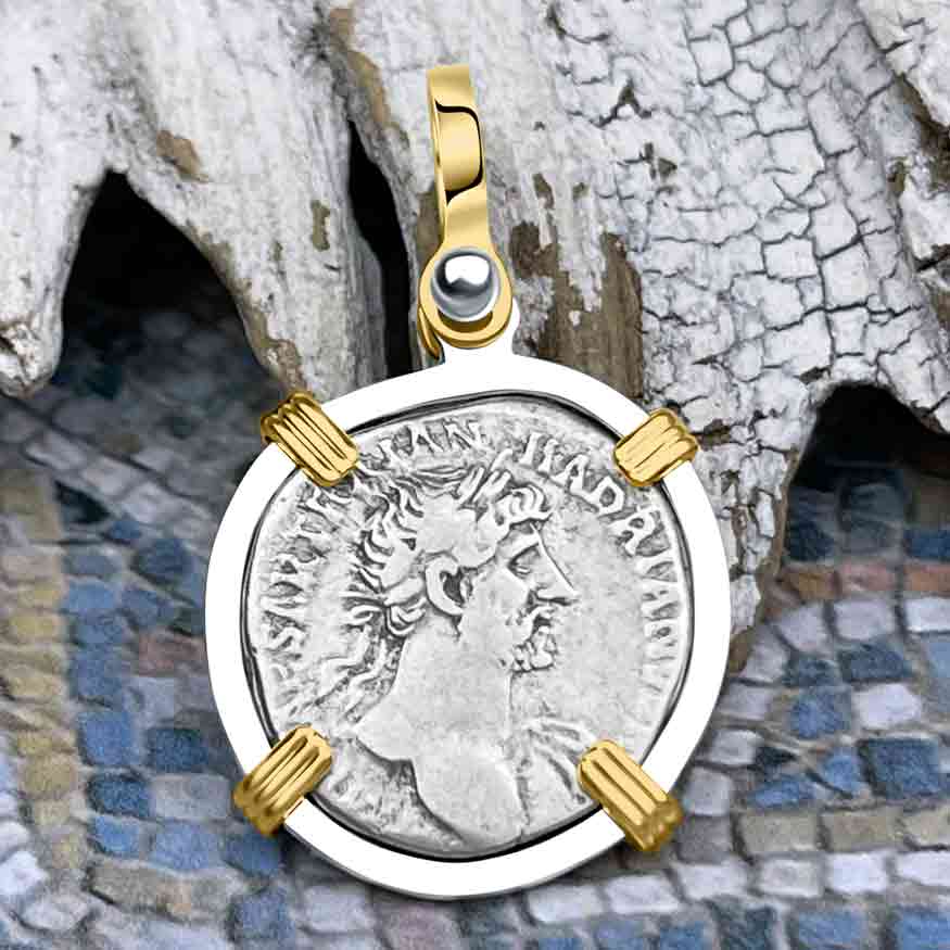 Roman Empire Silver Denarius Coin of Hadrian, the Builder 119 AD 14K Gold &amp; Sterling Silver Pendant | Artifact #8491