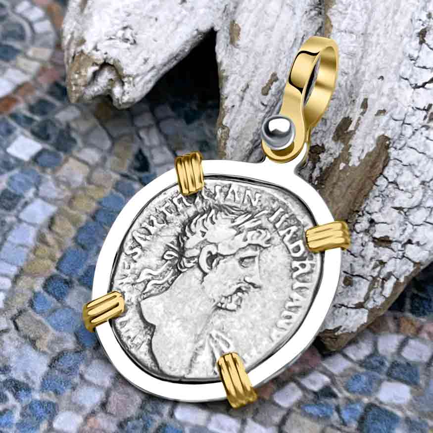 Roman Empire Silver Denarius Coin of Hadrian, the Builder 119 AD 14K Gold &amp; Sterling Silver Pendant | Artifact #8491