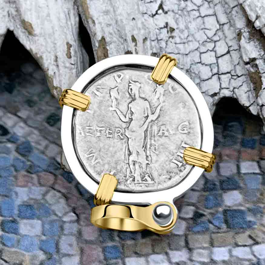 Roman Empire Silver Denarius Coin of Hadrian, the Builder 119 AD 14K Gold &amp; Sterling Silver Pendant | Artifact #8491