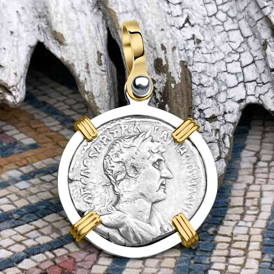 Roman Empire Silver Denarius Coin of Hadrian, the Builder 119 AD 14K Gold &amp; Sterling Silver Pendant