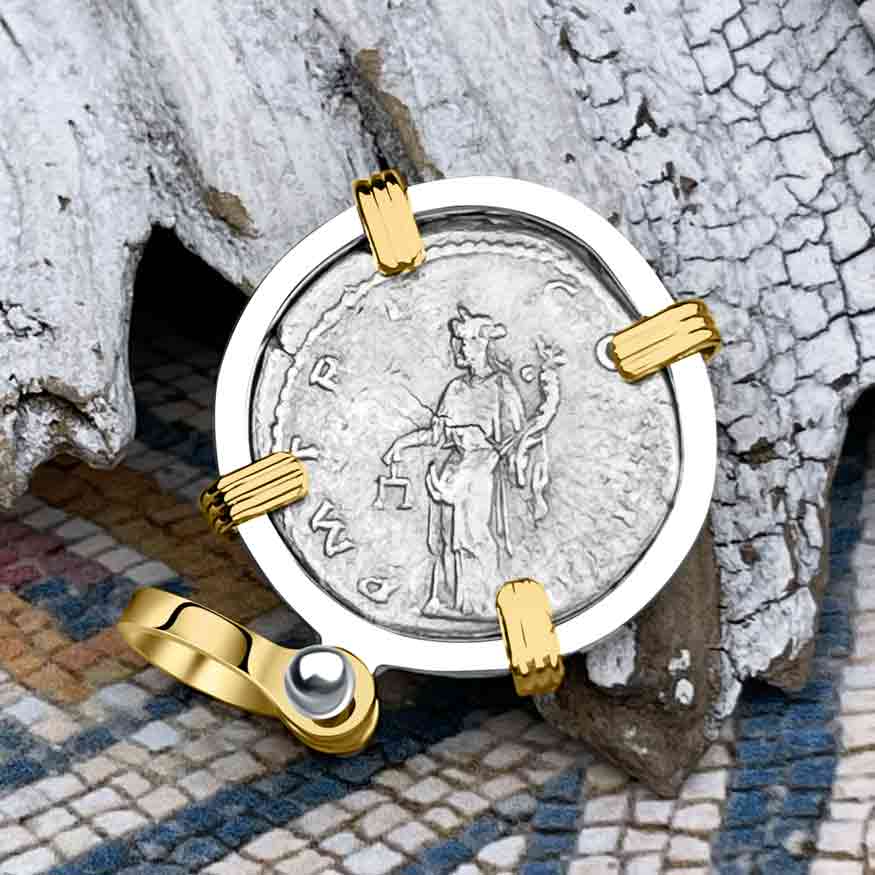 Roman Empire Silver Denarius Coin of Hadrian, the Builder 119 AD 14K Gold &amp; Sterling Silver Pendant