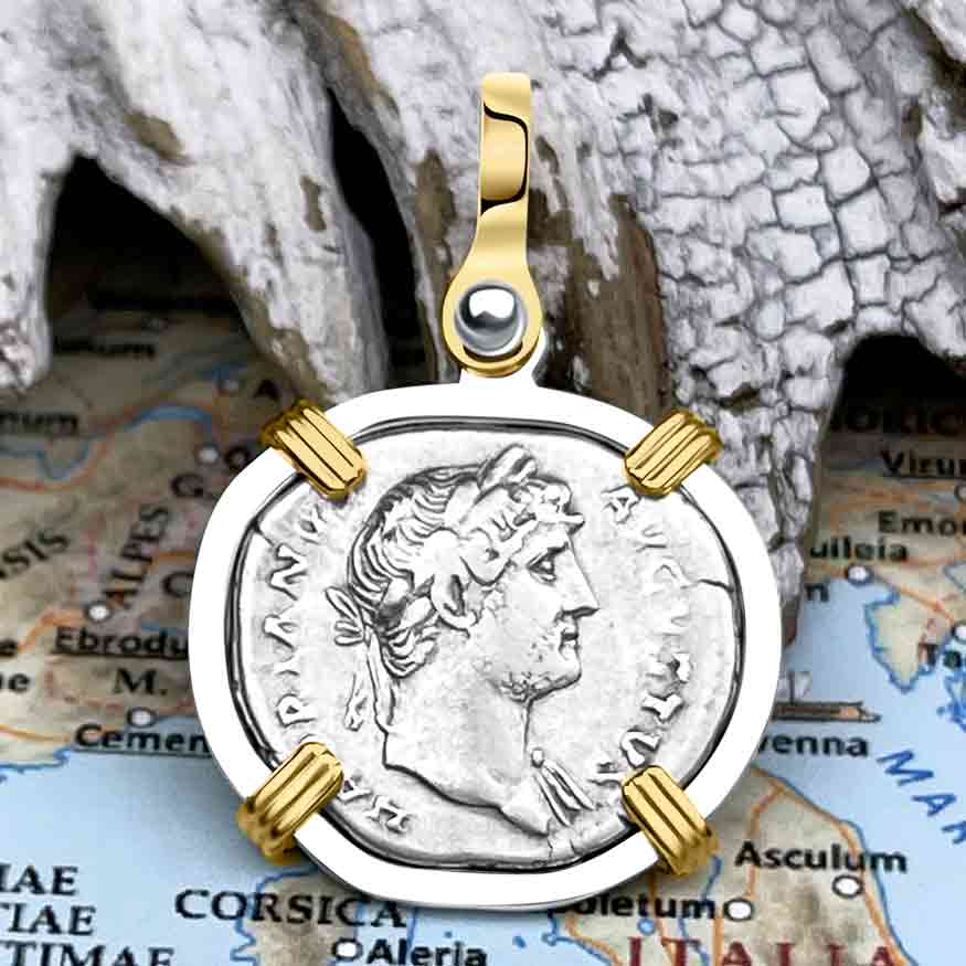 Roman Empire Silver Denarius Coin of Hadrian, the Builder 125 AD 14K Gold &amp; Sterling Silver Pendant