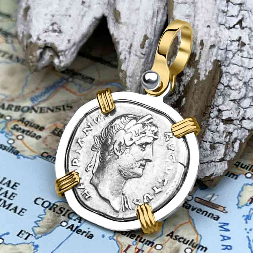 Roman Empire Silver Denarius Coin of Hadrian, the Builder 125 AD 14K Gold &amp; Sterling Silver Pendant