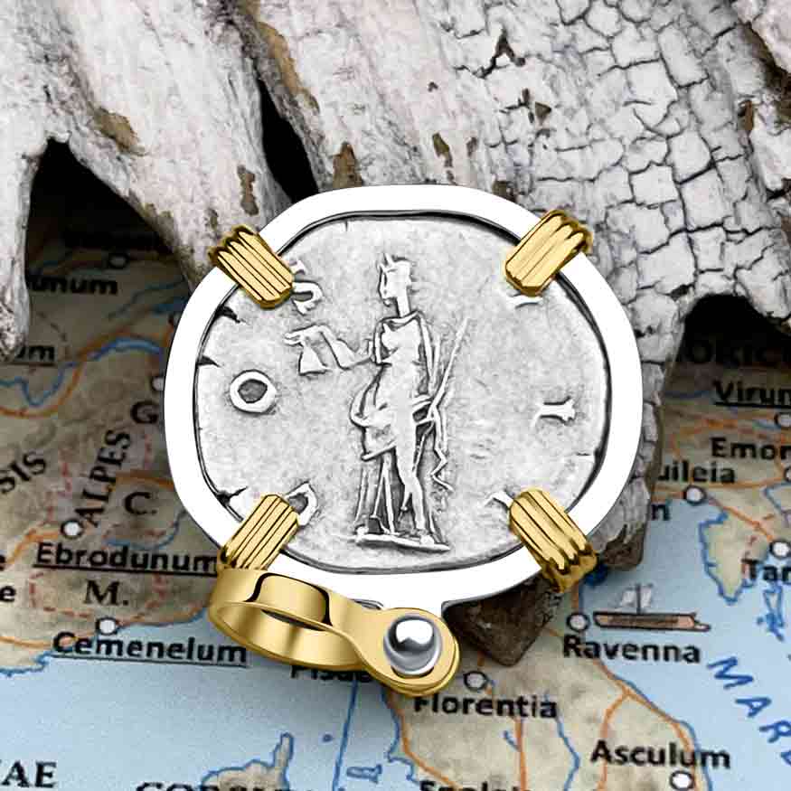 Roman Empire Silver Denarius Coin of Hadrian, the Builder 125 AD 14K Gold &amp; Sterling Silver Pendant