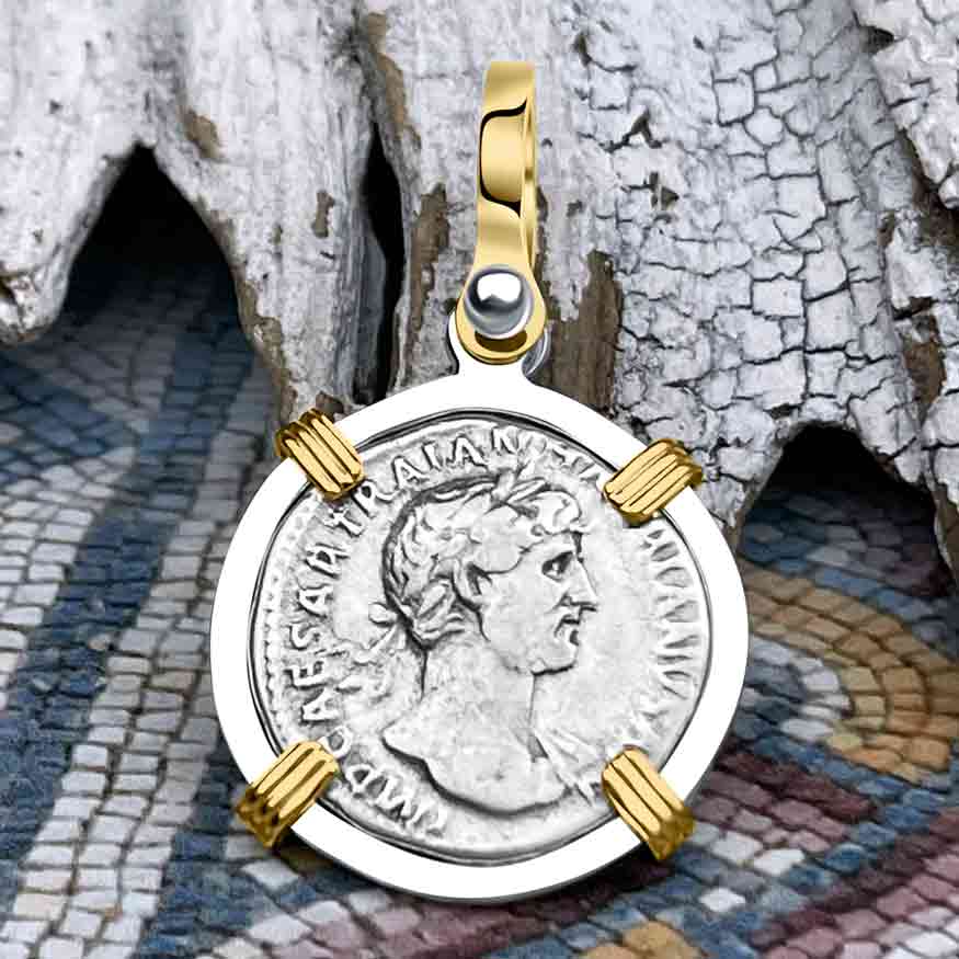 Roman Empire Silver Denarius Coin of Hadrian, the Builder 118 AD 14K Gold &amp; Sterling Silver Pendant