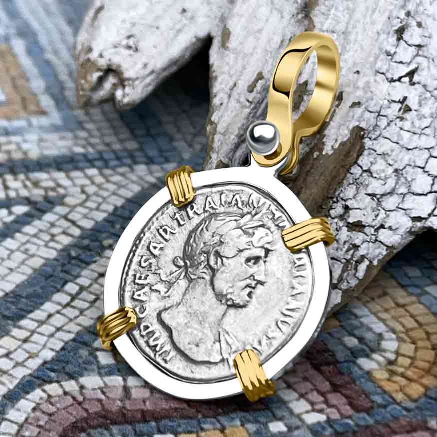 Roman Empire Silver Denarius Coin of Hadrian, the Builder 118 AD 14K Gold &amp; Sterling Silver Pendant