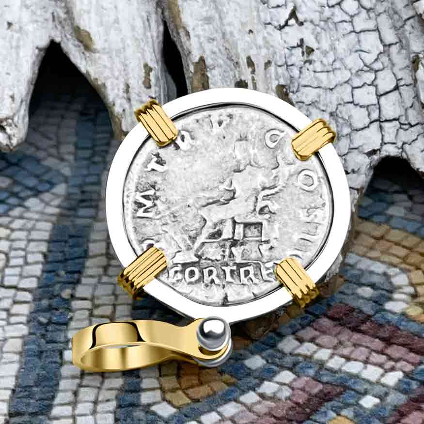 Roman Empire Silver Denarius Coin of Hadrian, the Builder 118 AD 14K Gold &amp; Sterling Silver Pendant