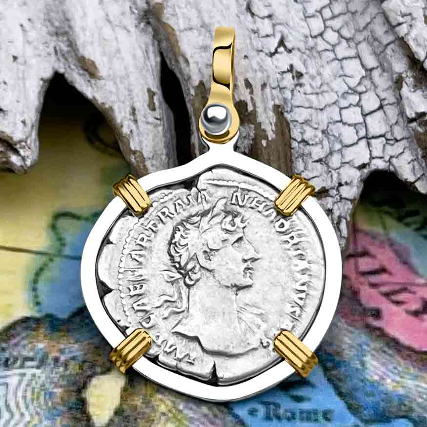 Roman Empire Silver Denarius Coin of Hadrian, the Builder 119 AD 14K Gold &amp; Sterling Silver Pendant