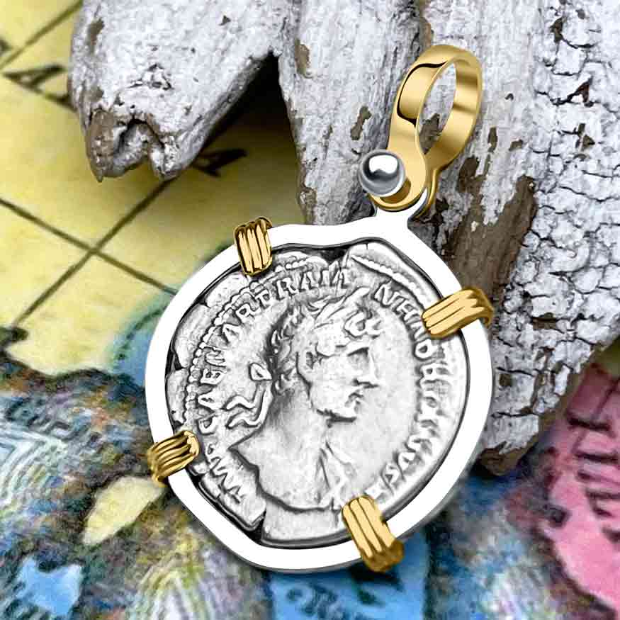 Roman Empire Silver Denarius Coin of Hadrian, the Builder 119 AD 14K Gold &amp; Sterling Silver Pendant