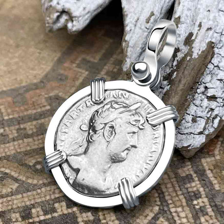 Roman Empire Silver Denarius Coin of Hadrian, the Builder 118 AD Sterling Silver Pendant