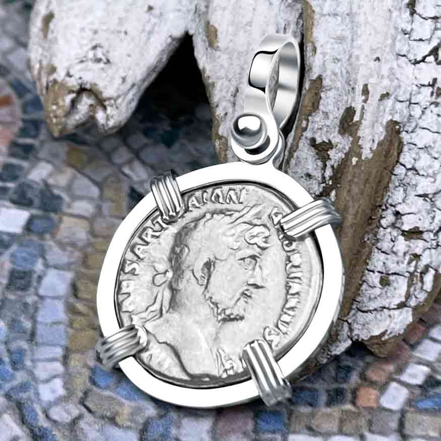 Roman Empire Silver Denarius Coin of Hadrian, the Builder 119 AD Sterling Silver Pendant