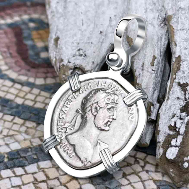 Roman Empire Silver Denarius Coin of Hadrian, the Builder 118 AD Sterling Silver Pendant