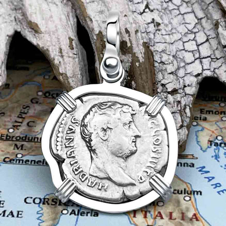 Roman Empire Silver Denarius Coin of Hadrian, the Builder 133 AD Sterling Silver Pendant