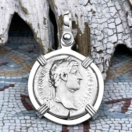 Roman Empire Silver Denarius Coin of Hadrian, the Builder 134 AD Sterling Silver Pendant
