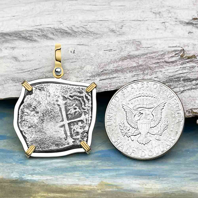 Joanna Shipwreck 4 Reale Cob Piece of 8 Coin 14K Gold and Sterling Silver Pendant | #8506