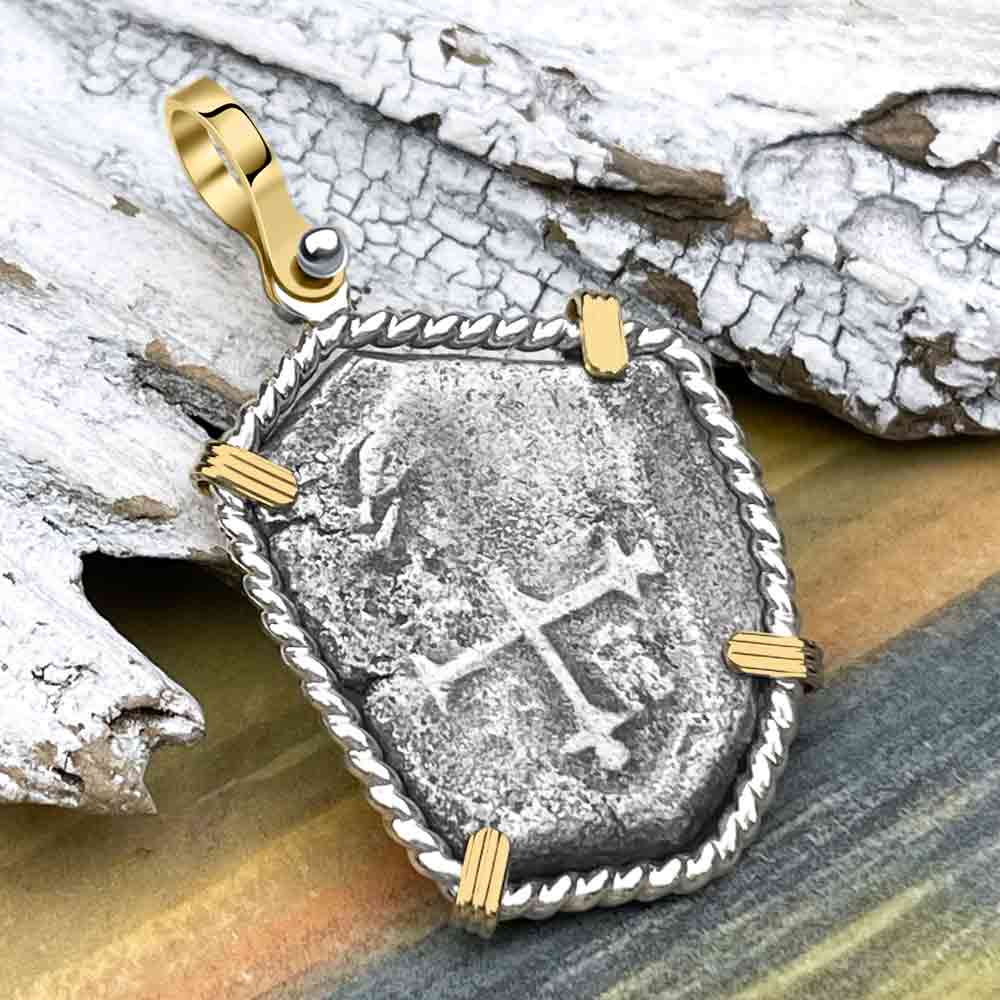 Joanna Shipwreck 4 Reale Cob &quot;Piece of 8&quot; Coin 14K Gold and Sterling Silver Pendant