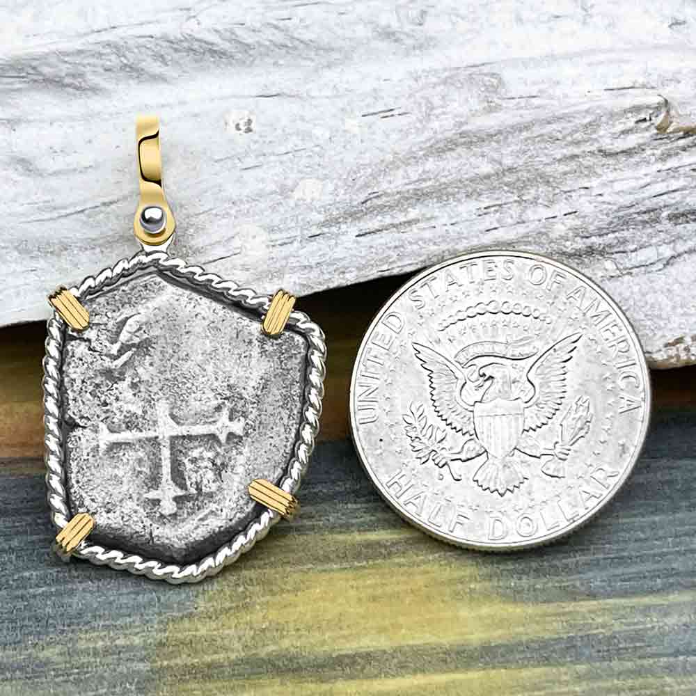 Joanna Shipwreck 4 Reale Cob &quot;Piece of 8&quot; Coin 14K Gold and Sterling Silver Pendant