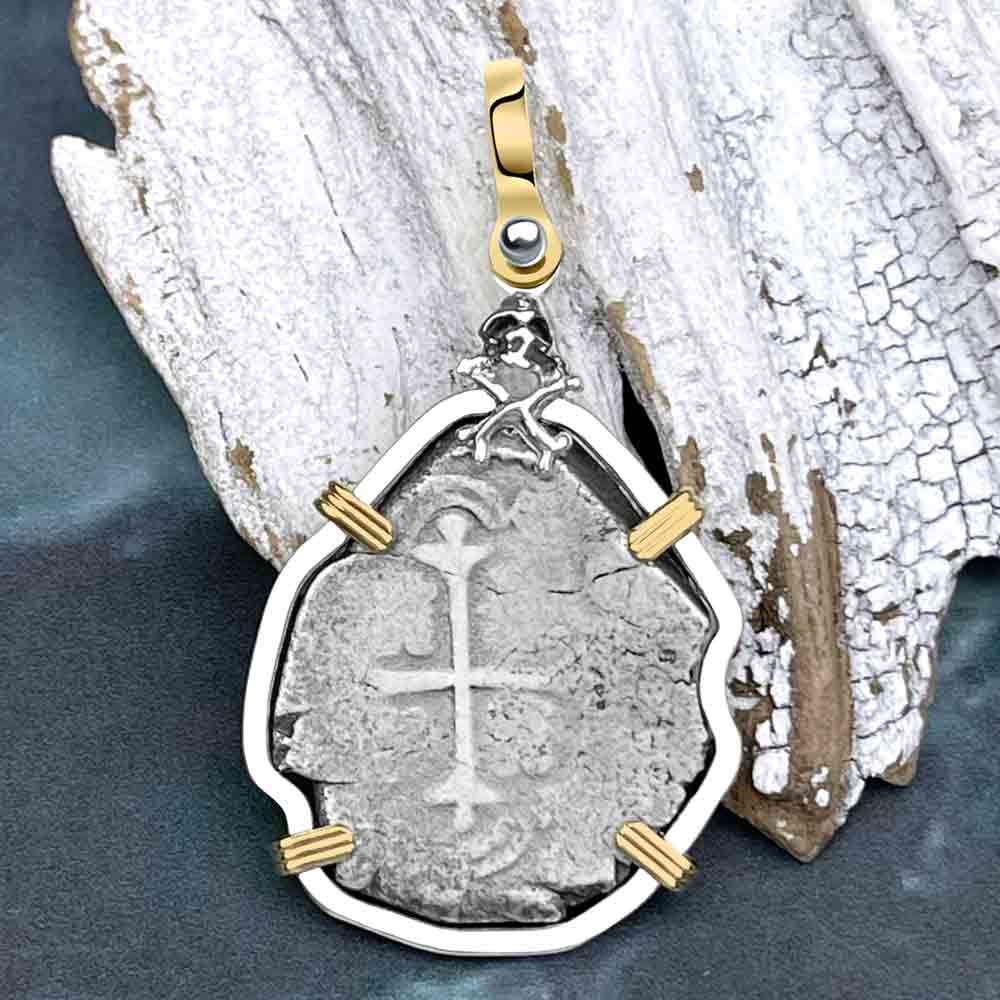 Joanna Shipwreck 4 Reale Cob &quot;Piece of 8&quot; Coin Skull and Cross Bones 14K Gold and Sterling Silver Pendant | #8512