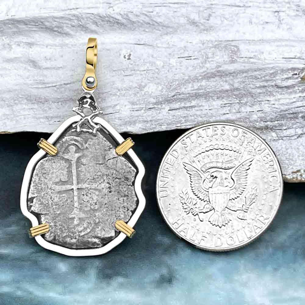 Joanna Shipwreck 4 Reale Cob &quot;Piece of 8&quot; Coin Skull and Cross Bones 14K Gold and Sterling Silver Pendant | #8512