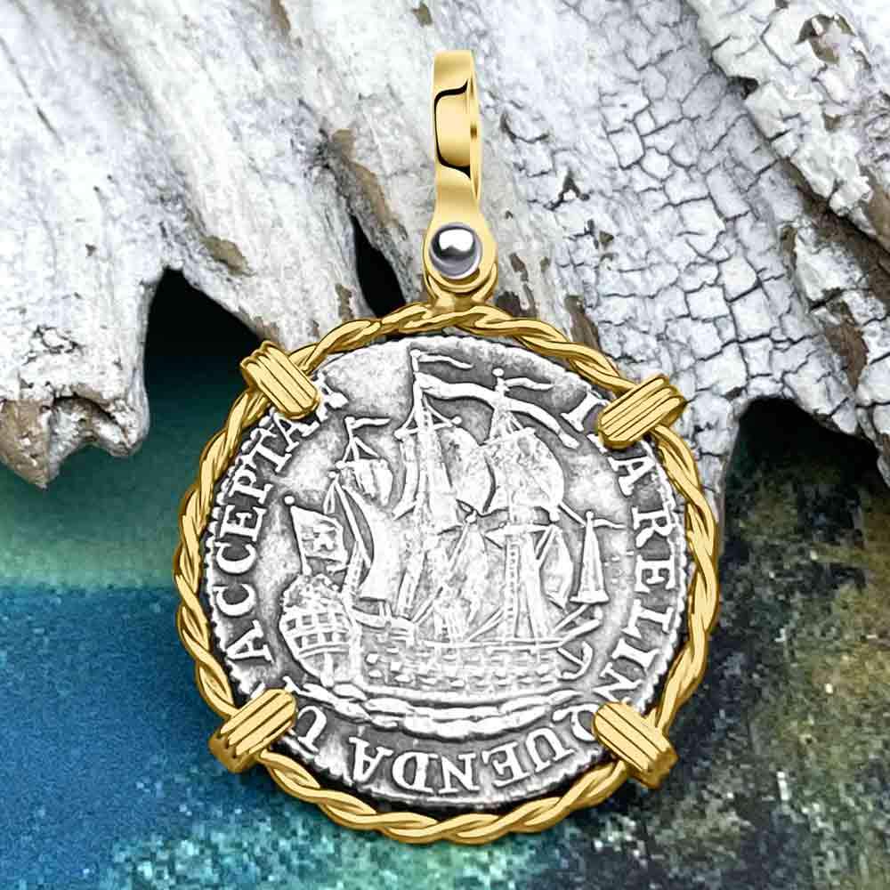 Dutch East India Company 1790 Silver 6 Stuiver Ship Shilling "I Struggle and Survive" 14K Gold Pendant
