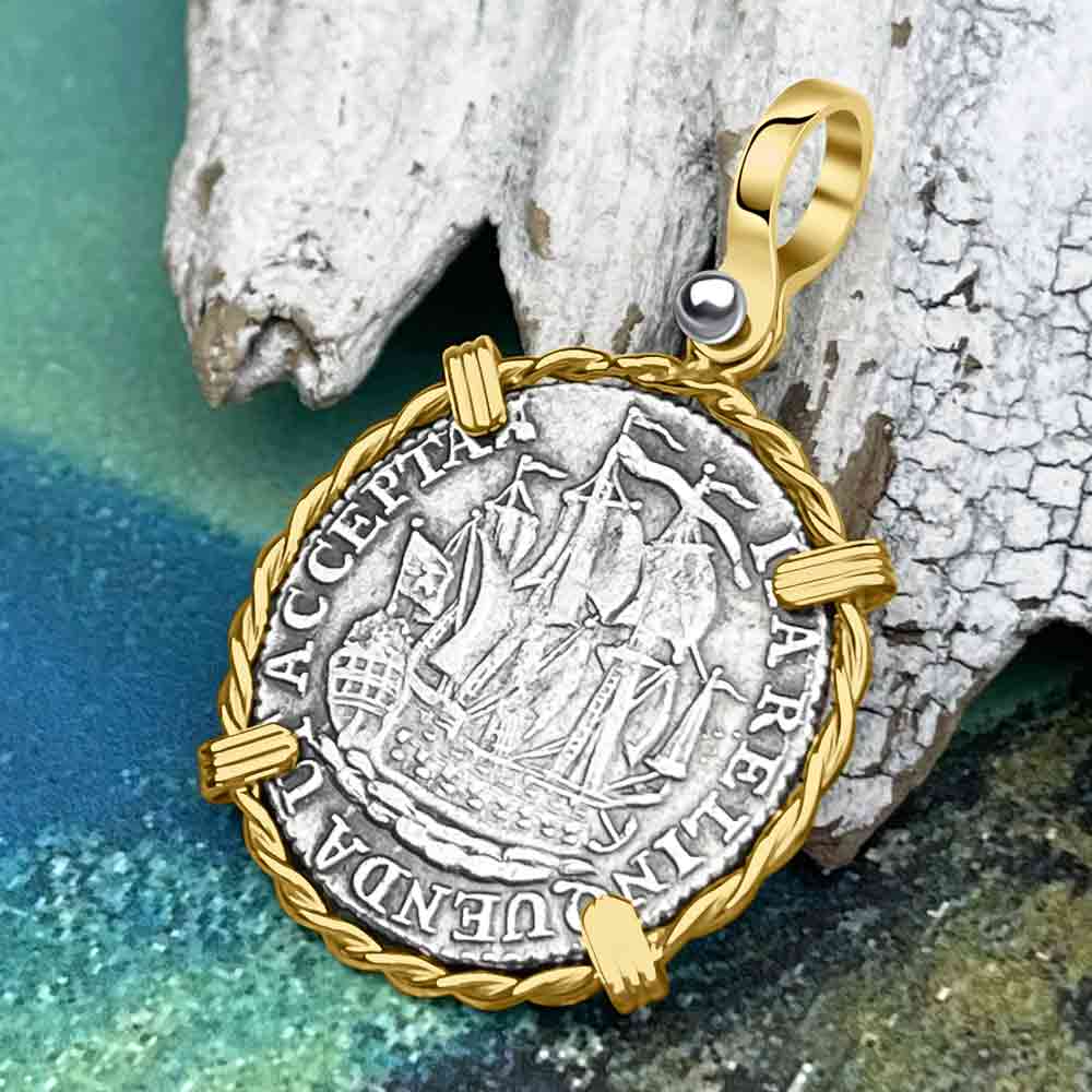 Dutch East India Company 1790 Silver 6 Stuiver Ship Shilling "I Struggle and Survive" 14K Gold Pendant