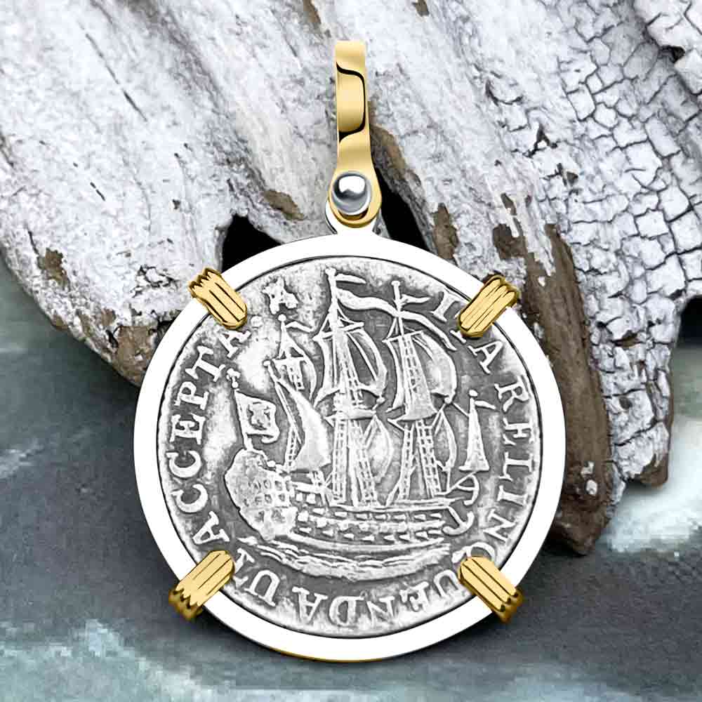 Dutch East India Company 1791 Silver 6 Stuiver Ship Shilling "I Struggle and Survive" 14K Gold & Sterling Silver Pendant