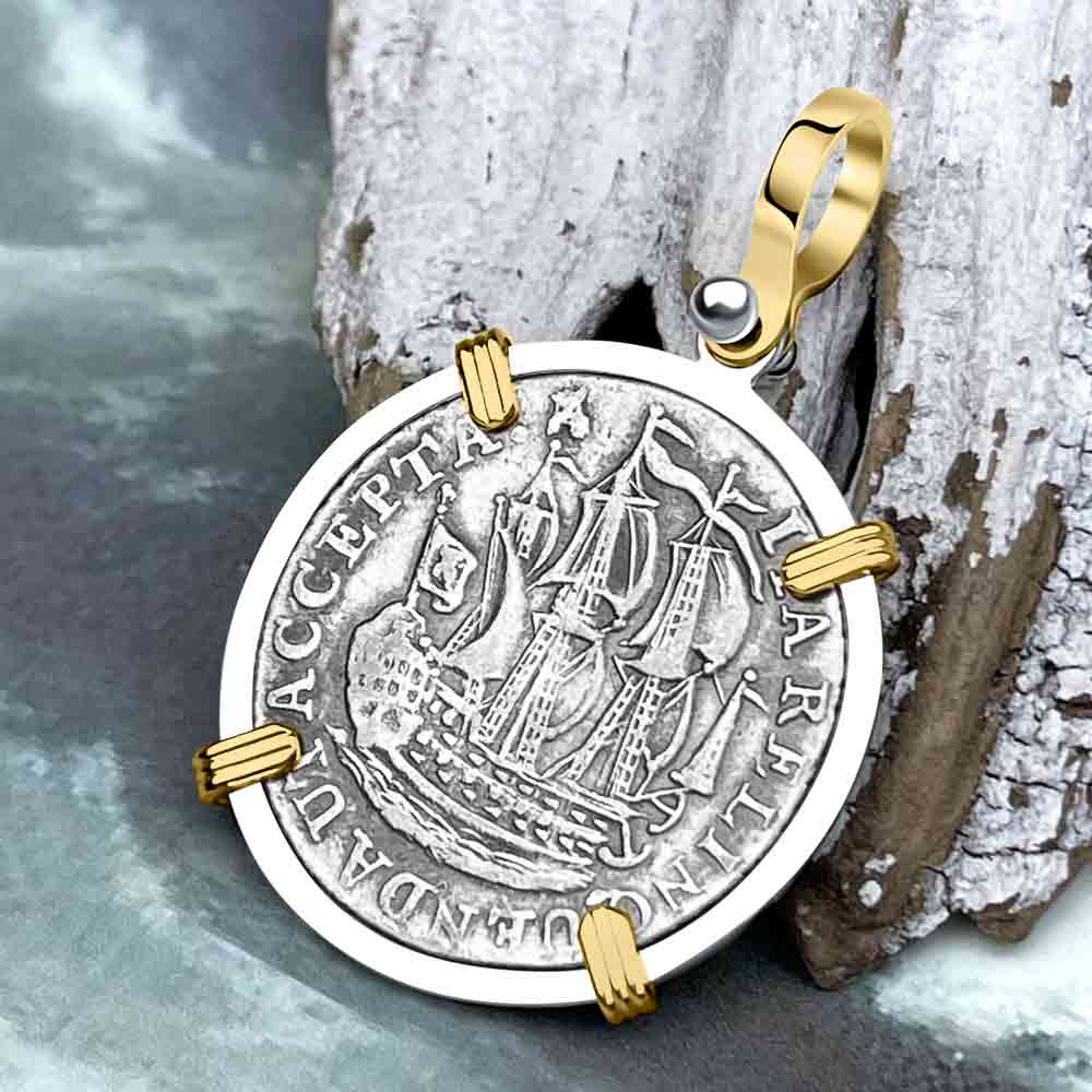 Dutch East India Company 1791 Silver 6 Stuiver Ship Shilling "I Struggle and Survive" 14K Gold & Sterling Silver Pendant