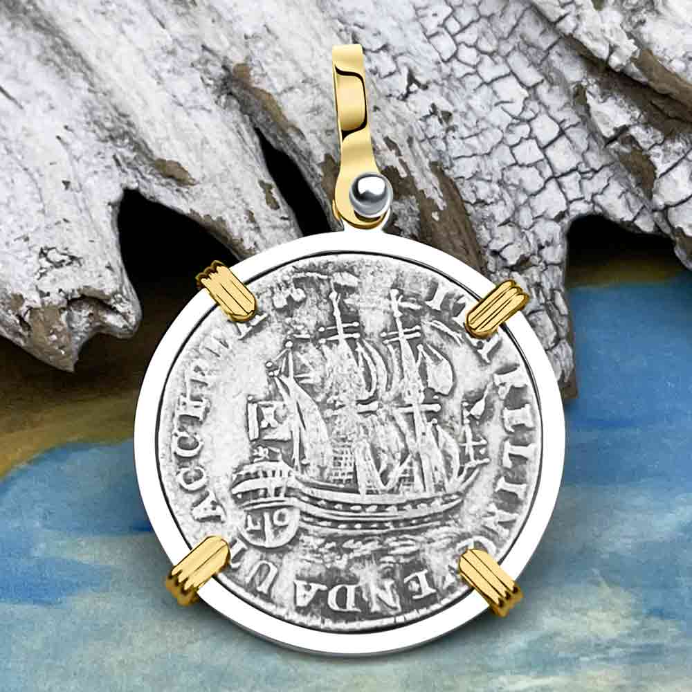 Dutch East India Company 1755 Silver 6 Stuiver Ship Shilling "I Struggle and Survive" 14K Gold & Sterling Silver Pendant