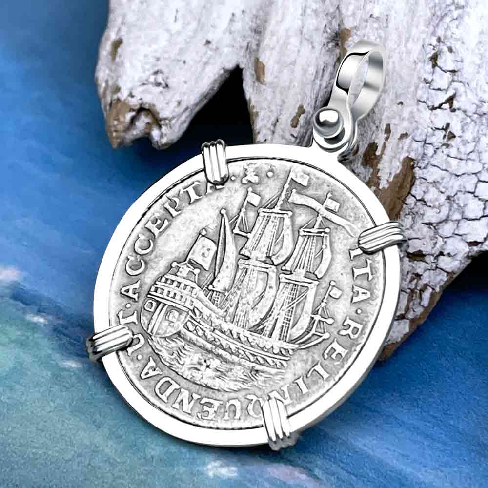 Dutch East India Company 1762 Silver 6 Stuiver Ship Shilling "I Struggle and Survive" Sterling Silver Pendant