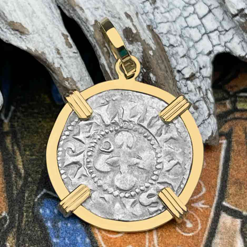 Templar Knights Era French Healing Angel Silver Denier 14K Gold Pendant