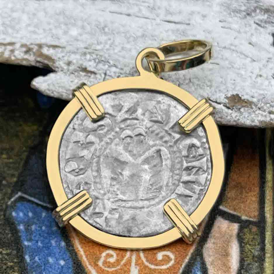 Templar Knights Era French Healing Angel Silver Denier 14K Gold Pendant