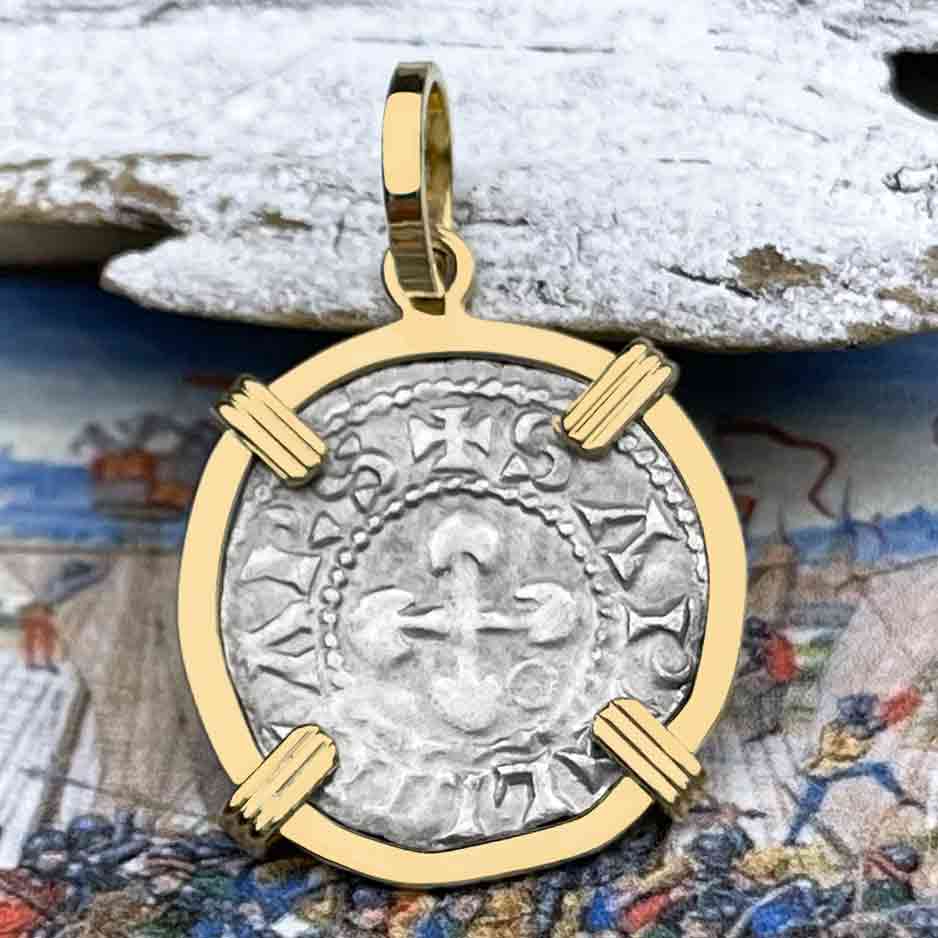 Templar Knights Era French Healing Angel Silver Denier 14K Gold Pendant