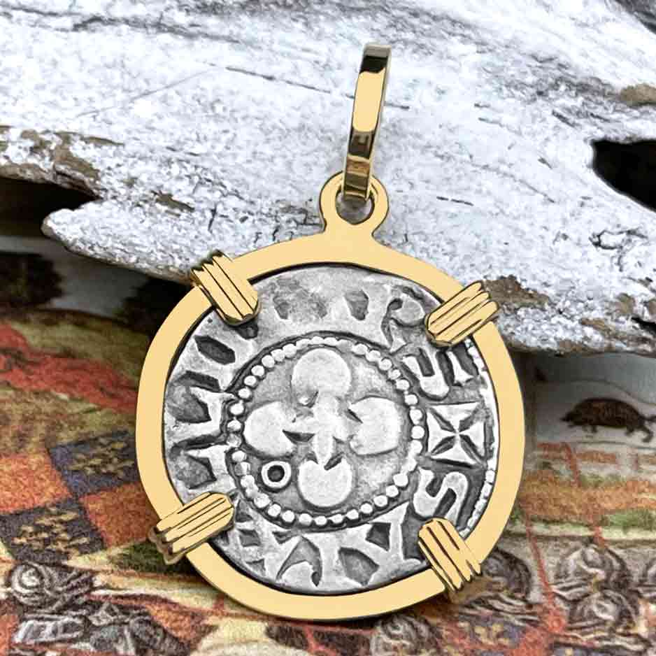 Templar Knights Era French Healing Angel Silver Denier 14K Gold Pendant