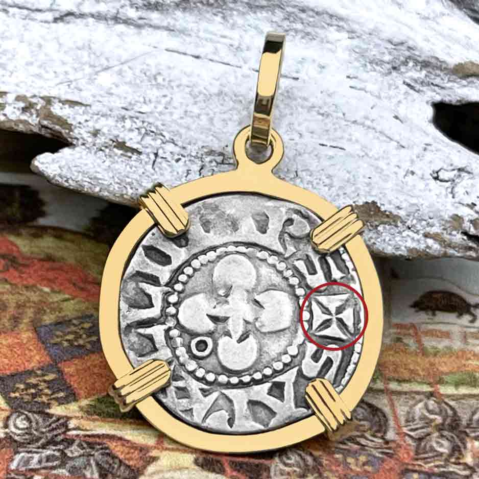 Templar Knights Era French Healing Angel Silver Denier 14K Gold Pendant