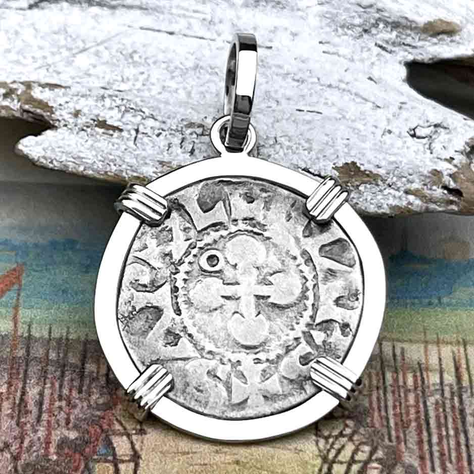 Templar Knights Era French Healing Angel Silver Denier 14K White Gold Pendant