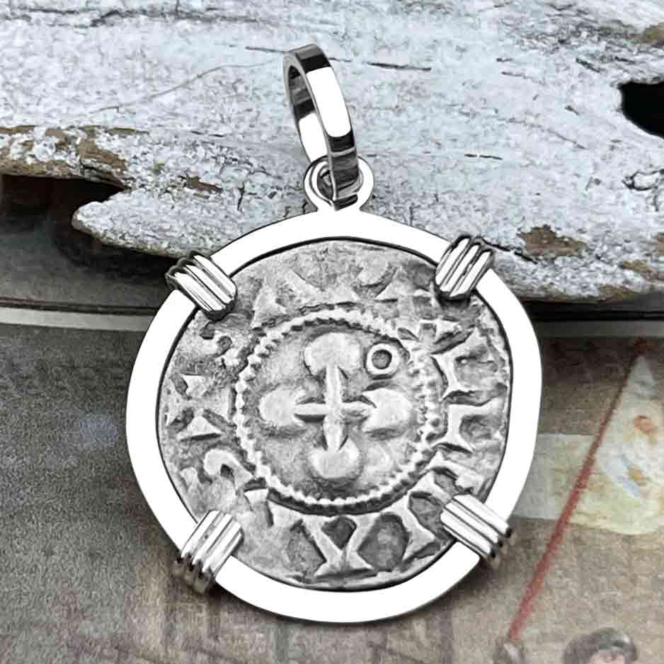 Templar Knights Era French Healing Angel Silver Denier 14K White Gold Pendant