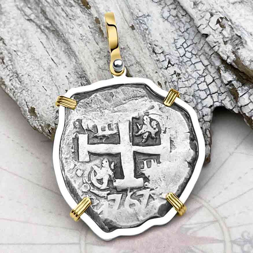 1767 Pirate Era Spanish 8 Reale &quot;Piece of Eight&quot; 14K Gold &amp; Sterling Silver Pendant